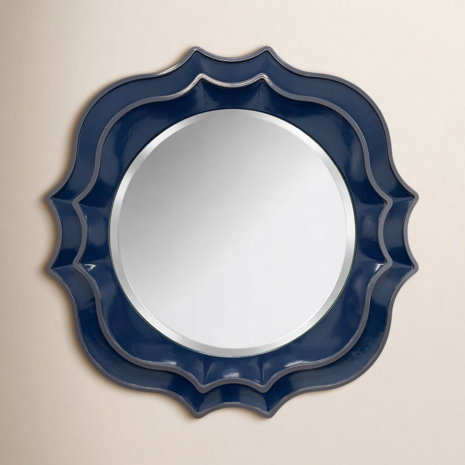 38" Round Scalloped Accent Mirror, Navy