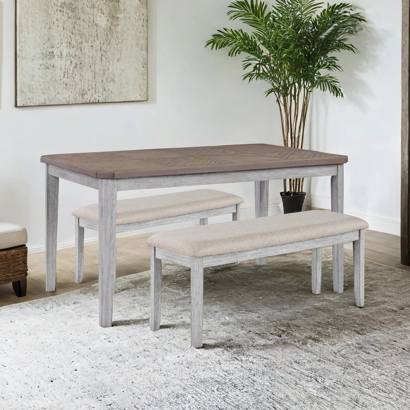 Ensemble de salle à manger 3 pièces en bois massif avec 2 bancs, Brun foncé, Beige / gris, Gris