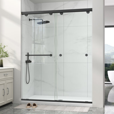  55"-60" W x 76" H Double Sliding Framed Shower Door in Matte Black with 5/16" Clear Tempered Glass, Soft Close Cushion