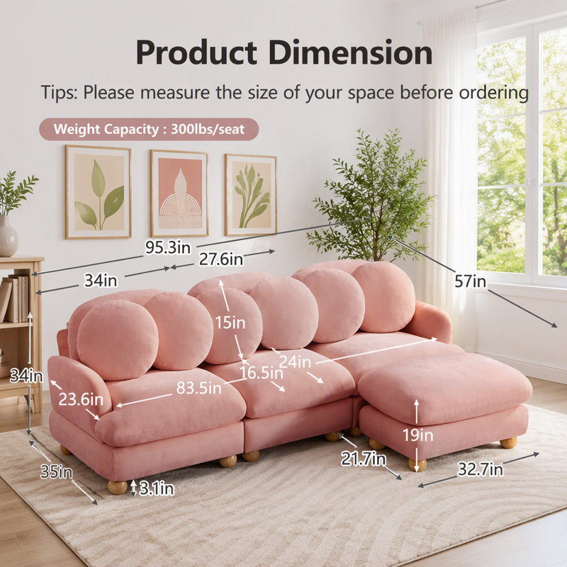 Canapé modulaire modulaire avec revêtement en chenille et repose-pieds mobile, Chenille rose