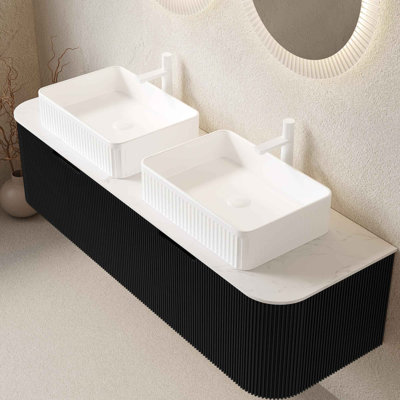 Meuble-lavabo 60 po avec lavabo, armoire de rangement murale à bords arrondis et rayés avec 2 tiroirs, 2 lavabos rectangulaires blancs en céramique, sans robinet, pré-assemblé