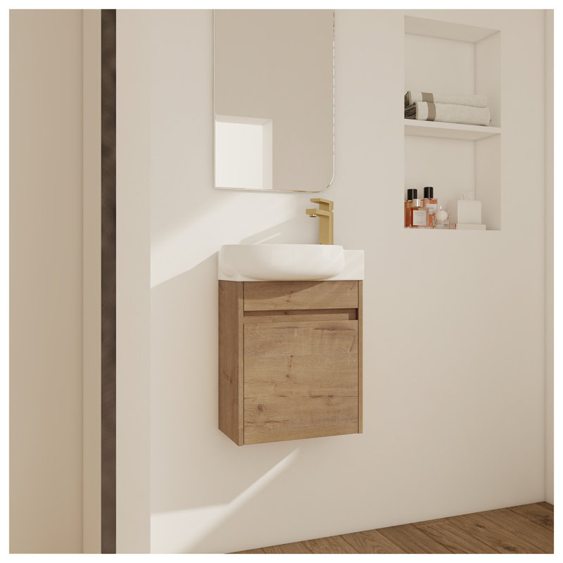 Petit meuble-lavabo de salle de bain 16 pouces avec lavabo - Armoire murale moderne avec portes à fermeture en douceur, finition imitation chêne
