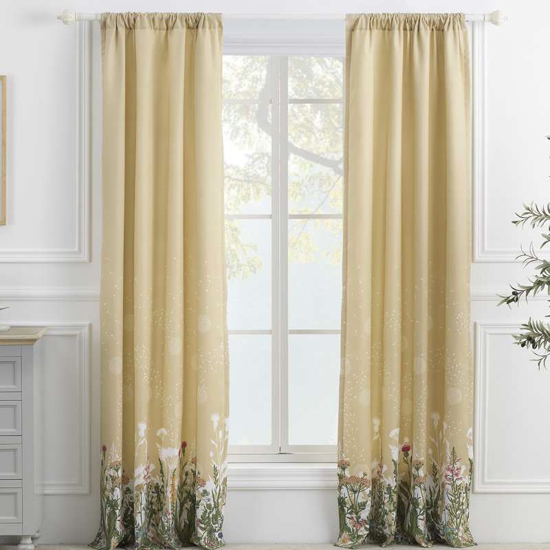 Taupe Floral Polyester Rod Pocket Light-Filtering Curtain Panels