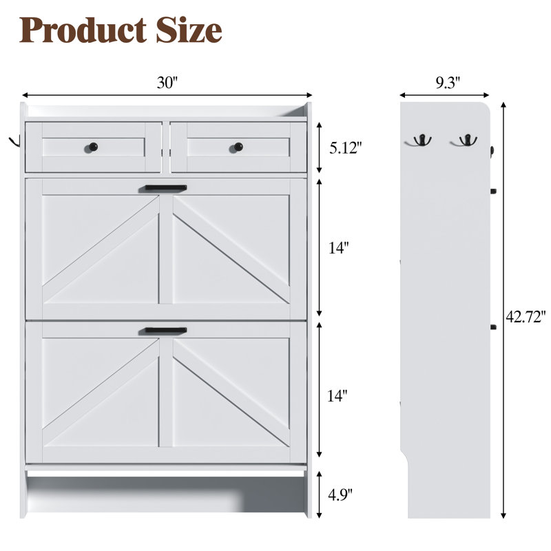 30"W Farmhouse Shoe Cabinet with 2 Flip Drawers & 2 Drawers – Narrow Freestanding Organizer for Entryway（30" W x 9.25" D x 42.7" H）