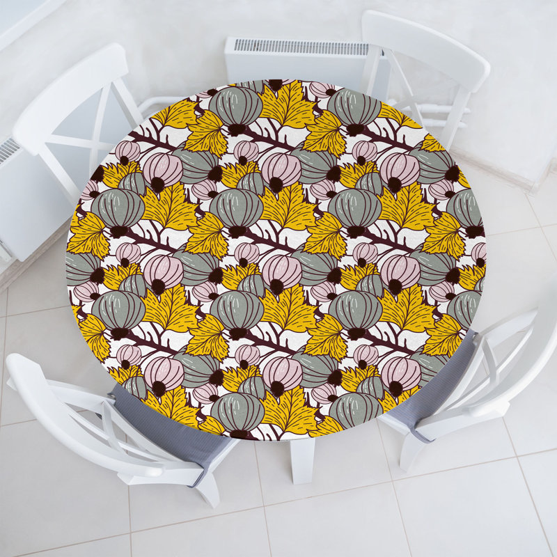 Ebern Designs Botanical Fitted Round Tablecloth Diameter Earth Yellow Blush and White, 47.24" Round