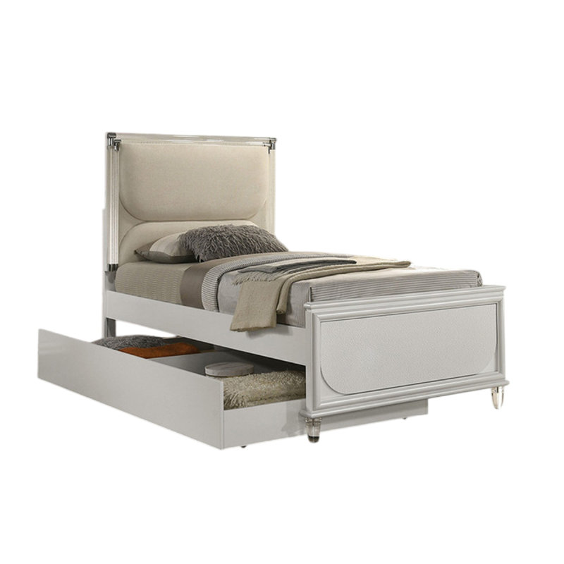 Lit simple Dima, tête de lit tapissier avec DEL, blanc perle, pieds transparents, Simple