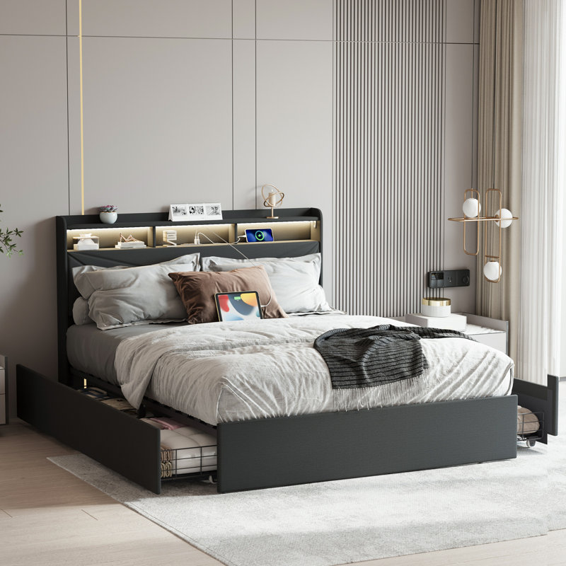 Modern Upholstered Bed Frame with LED Lights, Charging Station & Storage Drawers, Queen