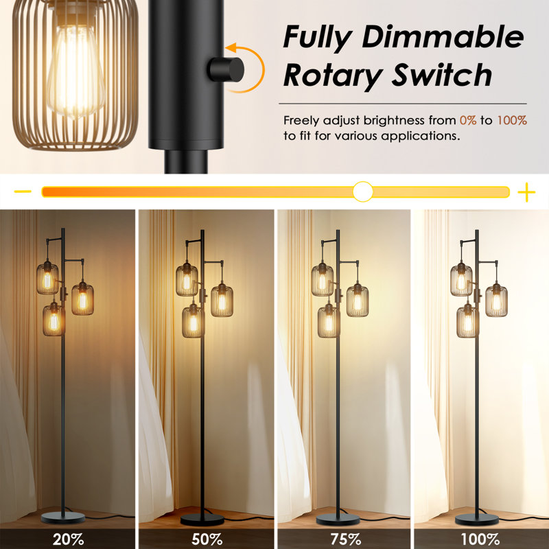 Dimmable Black Floor Lamp with Cage Shade, Modern Black Floor Lamps for Living Room, Standing Corner Floor Lamp with 3 LED Bulbs, Industrial Floor Lamp with Unique Design Shade, Rustic Floor Lamp for Bedroom, Office , Halloween, Black Friday, Christmas