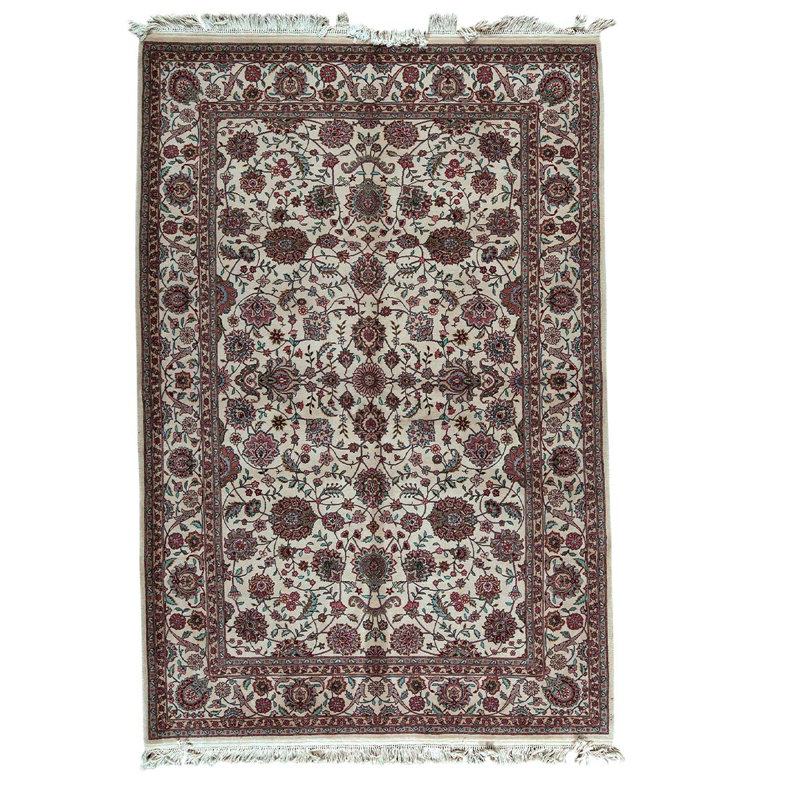 Tapis en laine noué à la main de conception unique 6 pi x 9 pi ivoire / vert / rouge