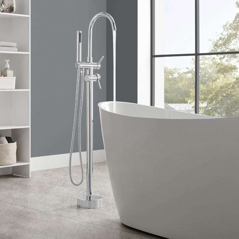 Garniture de bec de baignoire à fixation au sol avec poignée, Plaqué chrome