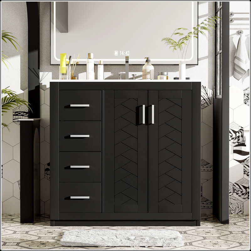 Meuble-lavabo en bois massif de 36 pouces avec lavabo en céramique, rangement spacieux et portes à fermeture en douceur pour salles de bain modernes et classiques