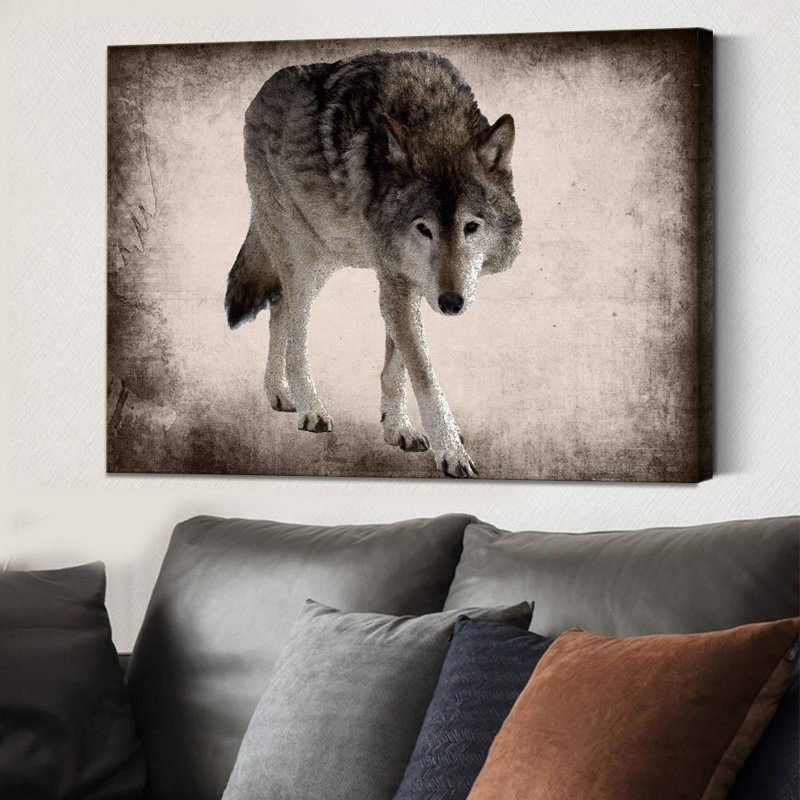 Reproduction sur toile tendue, "Animaux chassant un loup", H 12 po x l 18 po x P 1,5 po