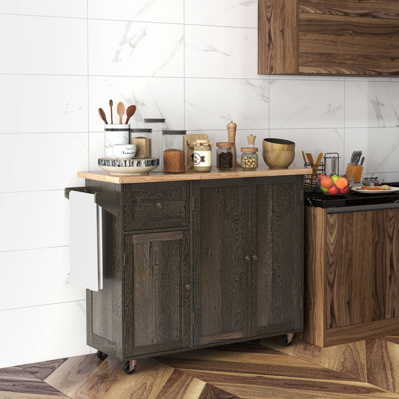 Îlot de cuisine roulant avec tablette de rangement, étal de boucher en bois, porte-serviettes, grand tiroir, îlot d'aspect brun vieilli, plan de travail, réglable