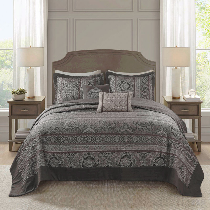 Ensemble de couvre-lit réversible 5 pièces pour lit très grand 5 pièces, gris
