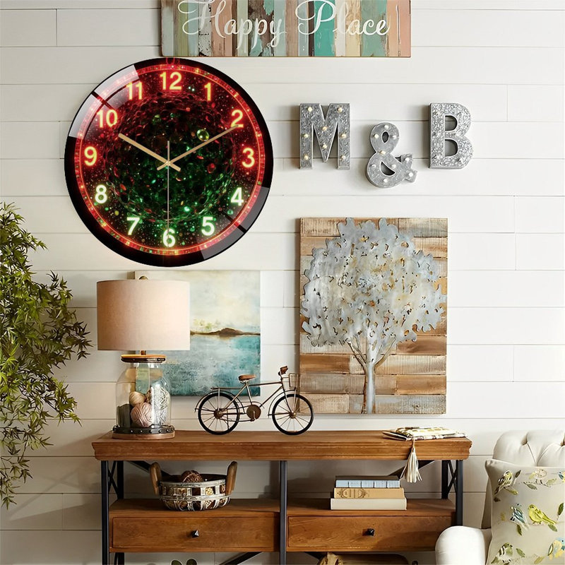 Horloge murale en verre rouge-néon-avec-sphère-verte