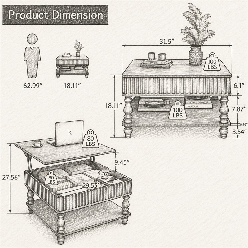Table basse à plateau relevable cannelé 31,5 pouces avec rangement ouvert et caché, Noir