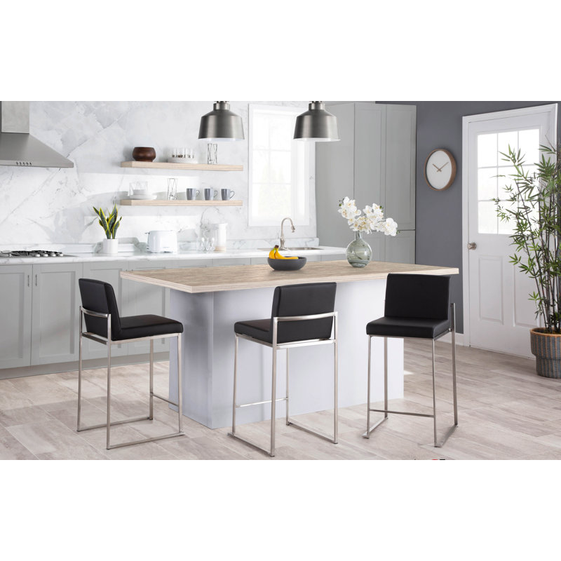Brieon High Back Upholstered Bar & Counter Stool (Set of 3), Counter Stool (26" Seat Height), Black Velvet/Stainless Steel
