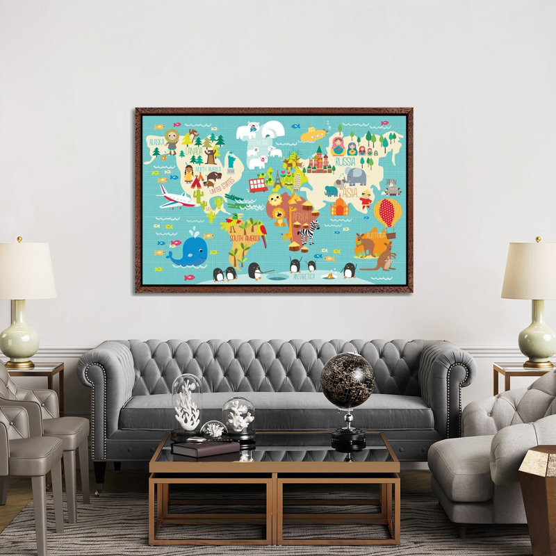 Children's World Map by Martina Hogan - Print on Canvas, Classic Brown Wood Framed, 152.5 cm H x 101.5 cm W