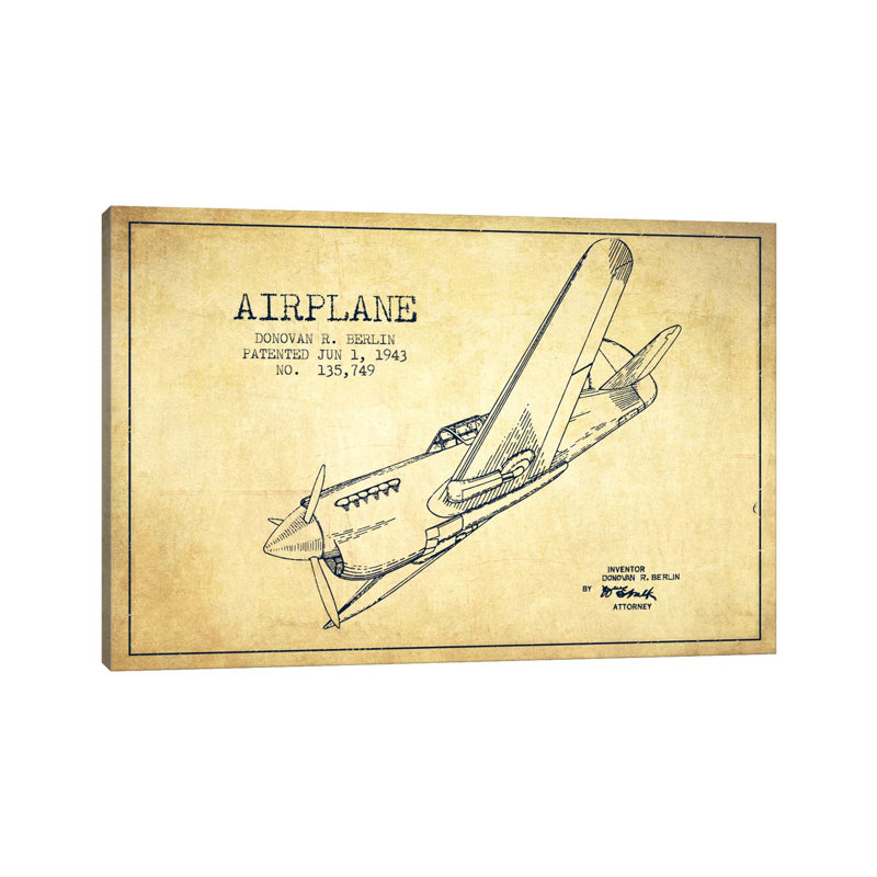 Plane Vintage Patent Blueprint - Wrapped Canvas Print, 66.04 cm H x 45.72 cm W x 1.91 cm D