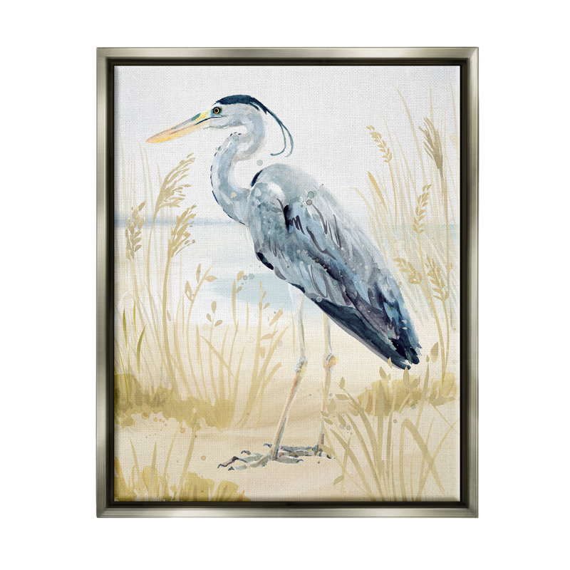 Heron et plage de Victoria Barnes, Cadre flottant gris lustré, H 21 po x l 17 po x P 1,7 po