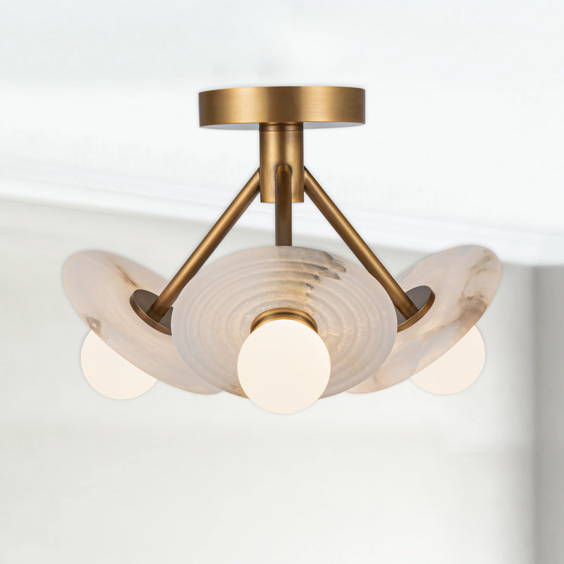 Dahlia Alabaster Semi Flush Mount, Vintage Brass