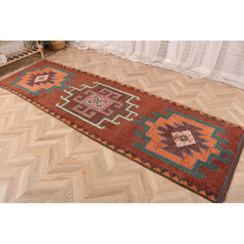 Tapis de couloir turc fait à la main: tapis de couloir anatolien authentique en laine au design rétro unique