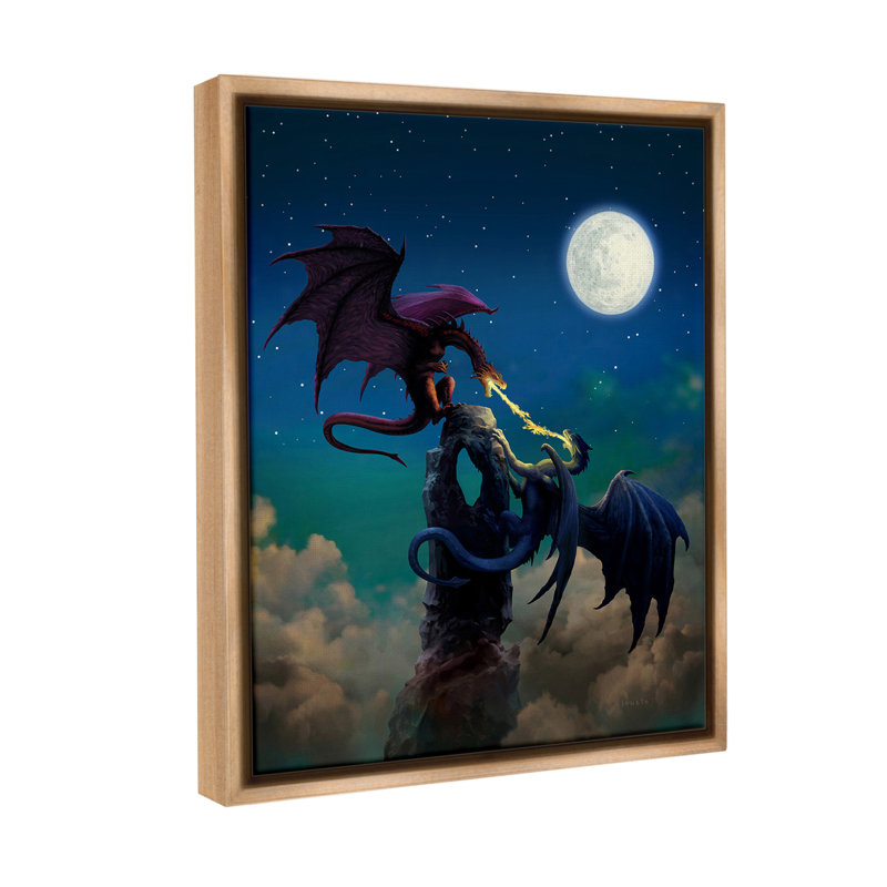 "Battling Dragons At Night" par Ciruelo sur toile, Cadre flottant orme Montalcino, H 31 po x l 25 po