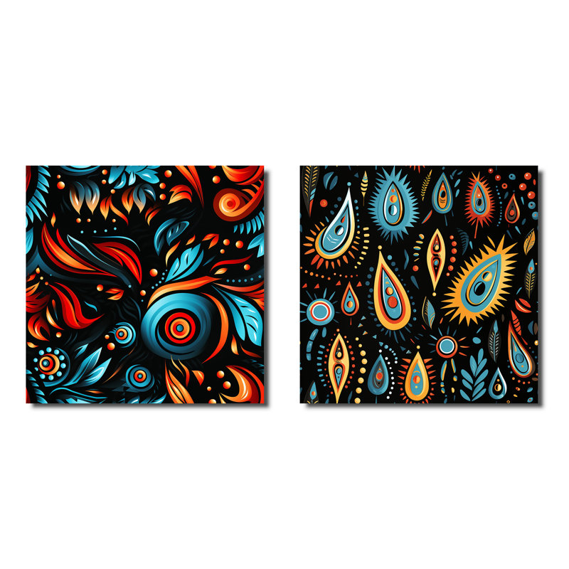 Tribal Essence à motif cachemire - Ensemble de 2 collages floraux et botaniques carrés, Toile tendue, H 16 po x l 33 po