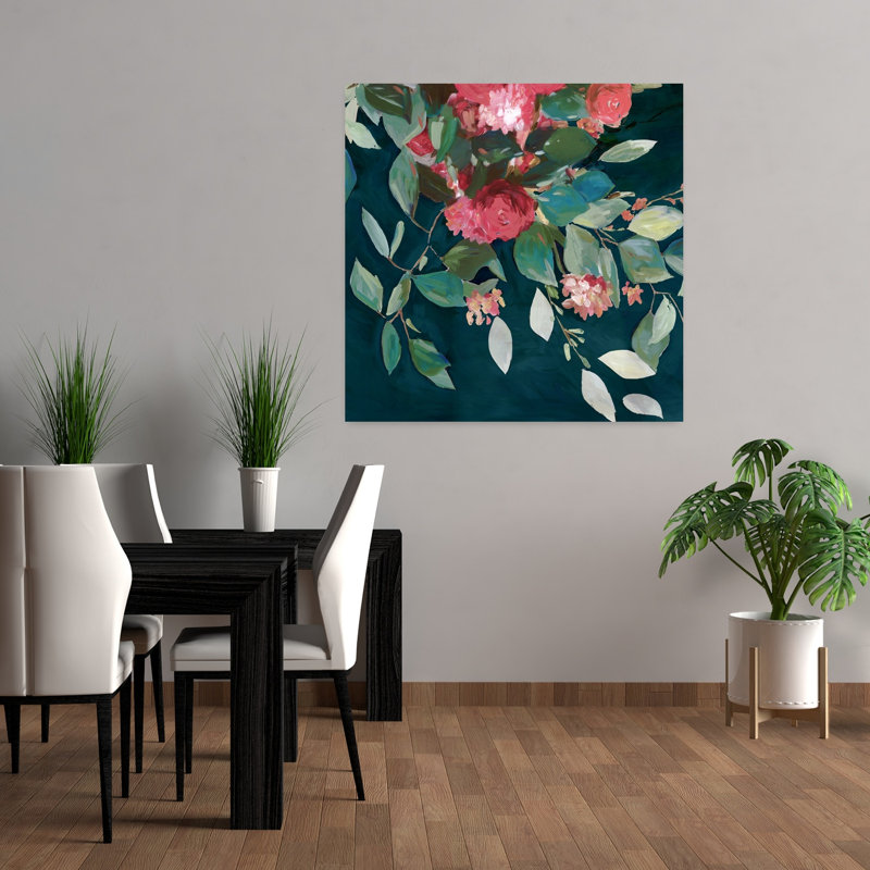 «Blossoms On Deep Green Canvas II», art mural contemporain abstrait, 36" H x 36" W