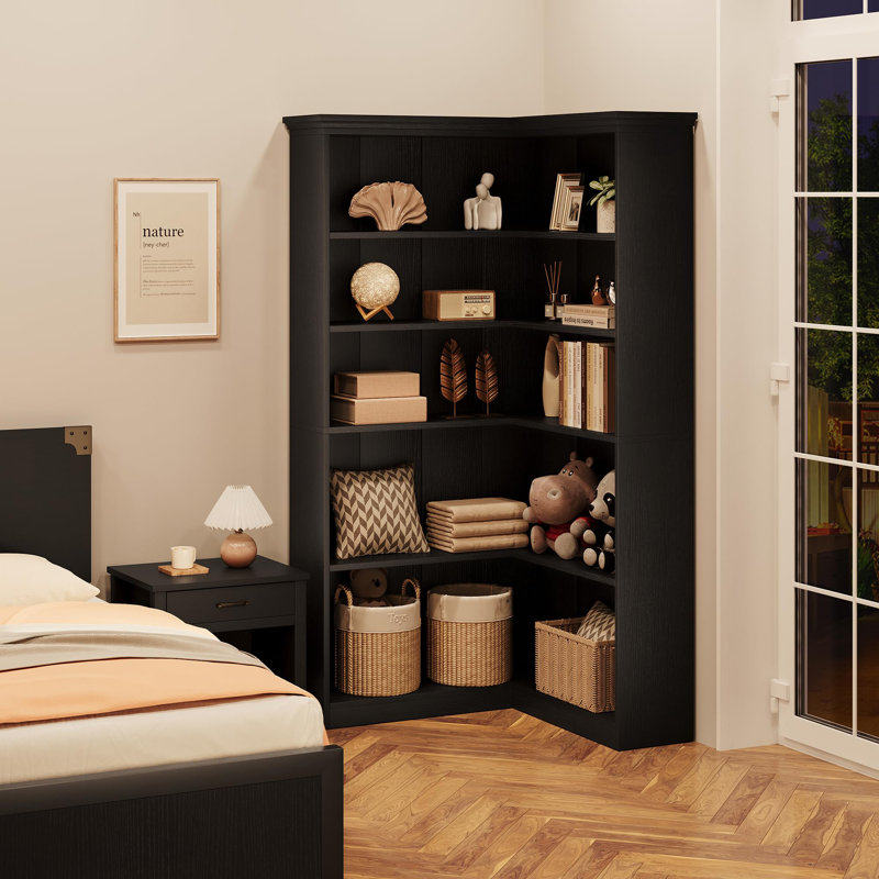 72.8" L-Shaped Farmhouse Corner Bookshelf – Tall 5-Tier Wooden Storage & Display Rack for Living Room, Bedroom (Black), Black
