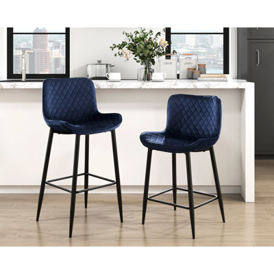 De 2 chaises de salle à manger de hauteur bar, revêtement en velours bleu foncé, pieds en métal, siège de pub de 29 po, siège de pub 2, velours, esthétique décontractée moderne, broderie