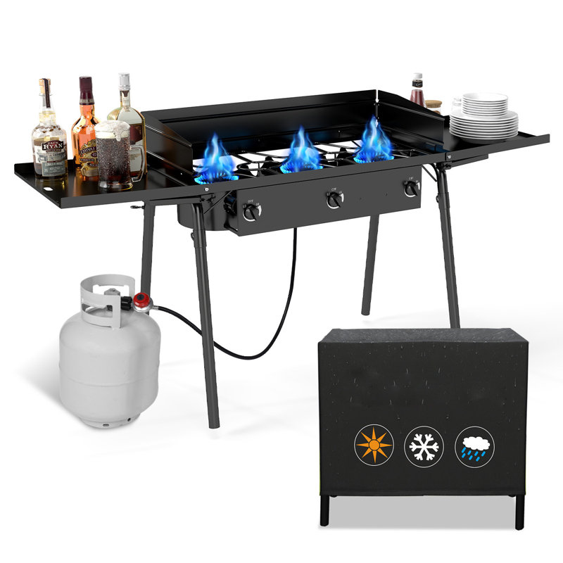 65.8"L Extra Large 3-Burner High Pressure Propane Outdoor Stove With Windpanel& Side Shelves, Bag