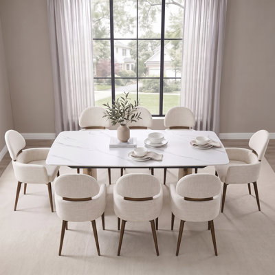 78" Sintered Stone Rectangular Dining Table Set with 8 Cream Upholstered Armchairs