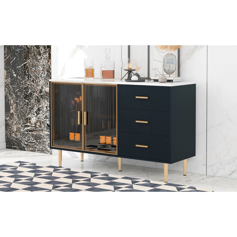 Buffet de style moderne avec buffet et portes en verre trempé jaune ambre avec pieds et poignées en métal doré, Marine