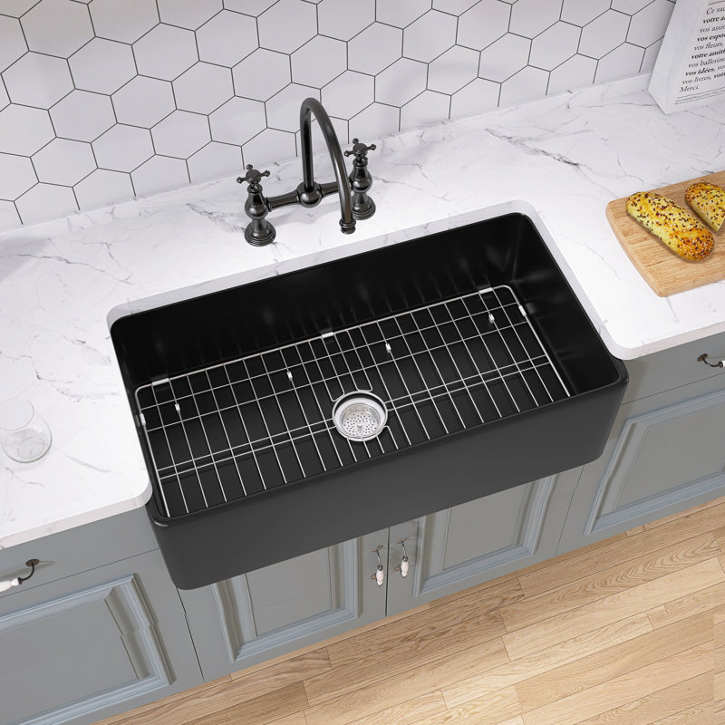 Grand évier de cuisine en argile réfractaire à tablier simple avec grille et crépine, H 10 po x l 18 po x P 36 po