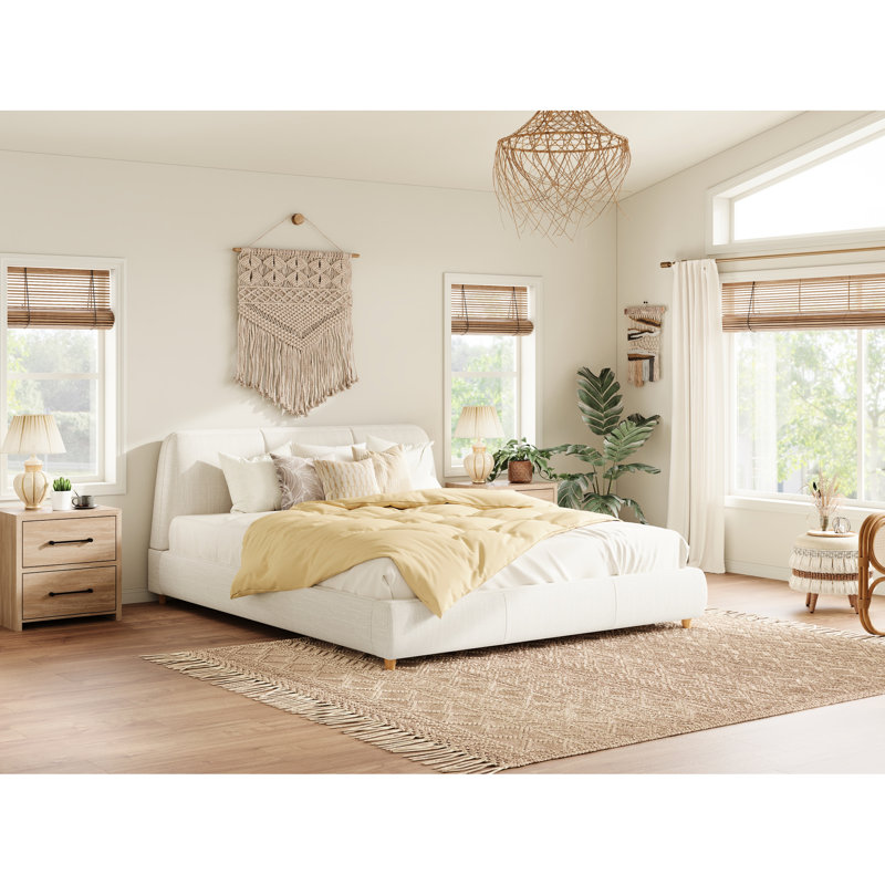Queen Size Upholstered Bed With White Linen Fabric, Solid Wood Legs, Thick Foam For Exceptional Support, Sleek Embedded Design, 12 Hardwood Slats, Easy 40 - Minute Assembly Relaxing Sleep Modern