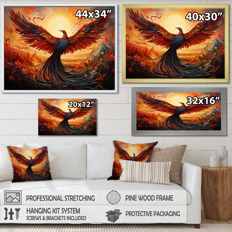 Art mural, résilience, renaissance du Phénix II, Cadre doré à coins fermés, H 30 po x l 40 po x P 1,5 po