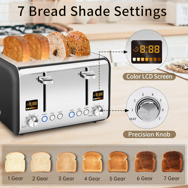 Toaster 4 Slice, Stainless Steel Bread Toaster LCD Display, 7 Bread Shade Settings, 1.4'' Wide Slots