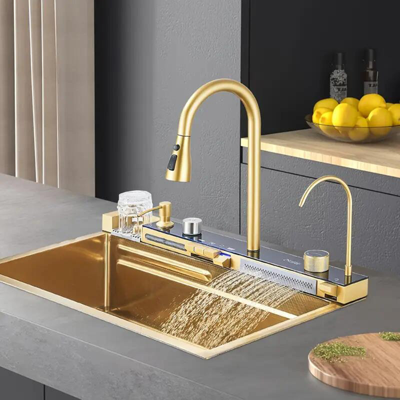31.5 inch Kitchen Sink Single Bowl Stainless Steel Sink Workstation Brushed Gold, Brushed Gold