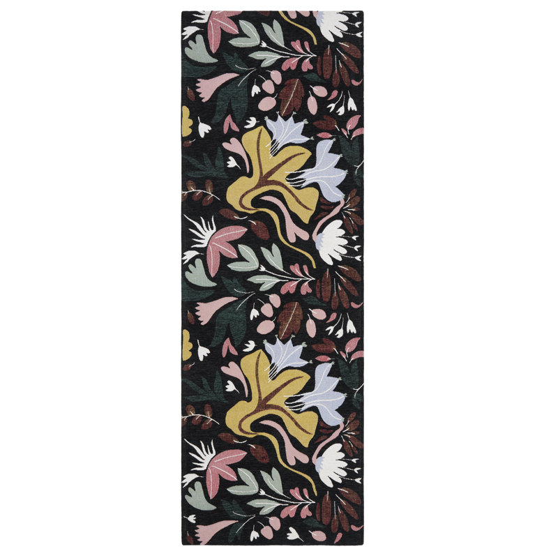 Town & Country Living Livie Floral Drip Everwash Washable Multi-Use Non-Slip Backing Decorative Rug, Runner 2' x 6', Black