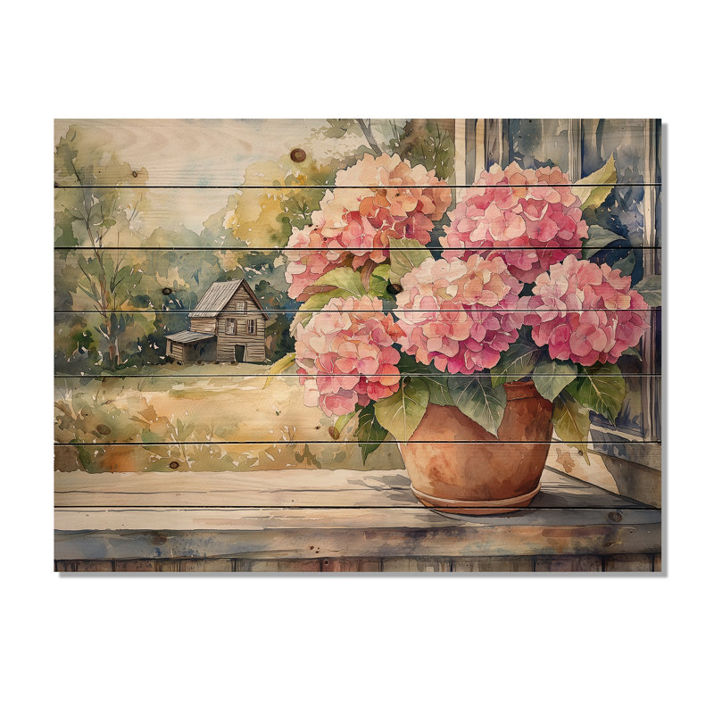 Hortensias à la ferme porche II - Art mural en bois d'hortensias - sur bois de pin naturel, H 10 po x l 20 po