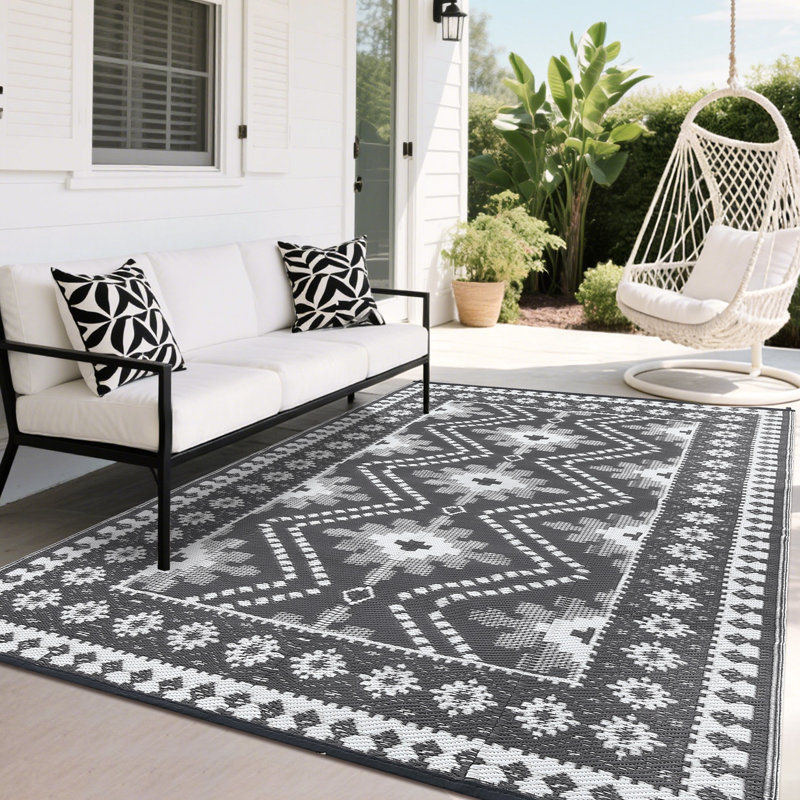 Waterproof Reversible Outdoor Rug Vintage Diamond Design Plastic Straw Mat Durable Easy Clean Carpet for Patio, Deck, Balcony, RV, Camping, Picnic