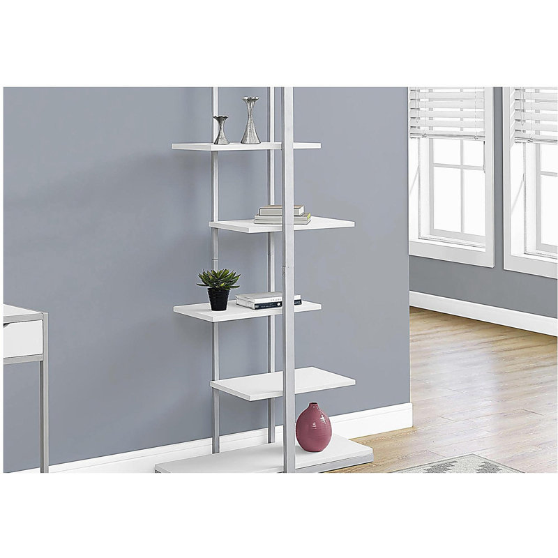 60-inch 5-tier asymmetrical bookshelf, with white wood grain partition and metal frame, White