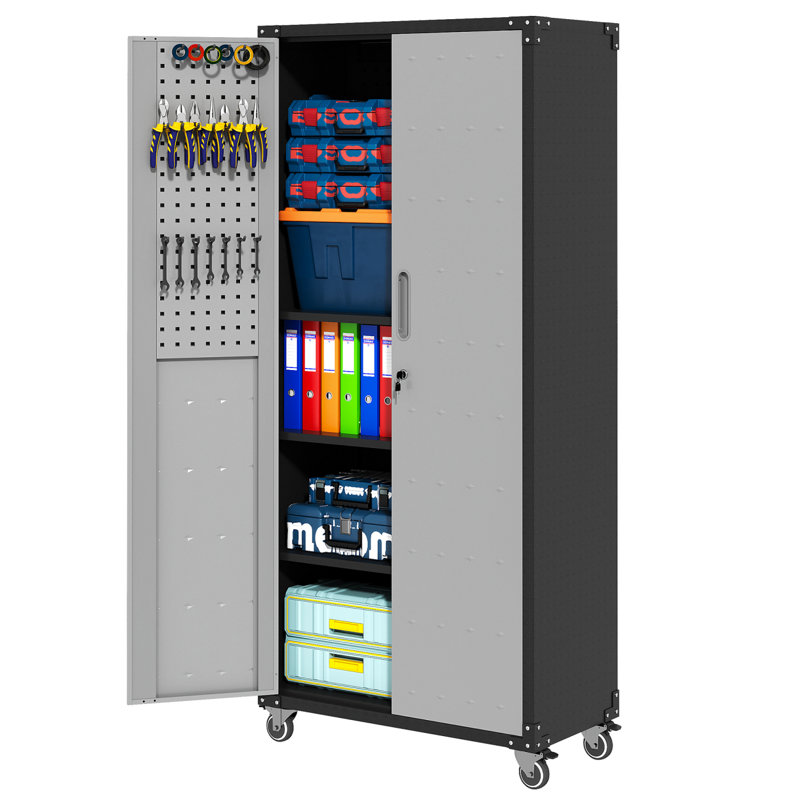 71" Metal Garage Storage Cabinet With Wheels - Heavy-Duty Tool Storage Cabinet  Home, Office, School, And Garage Organization, Black/