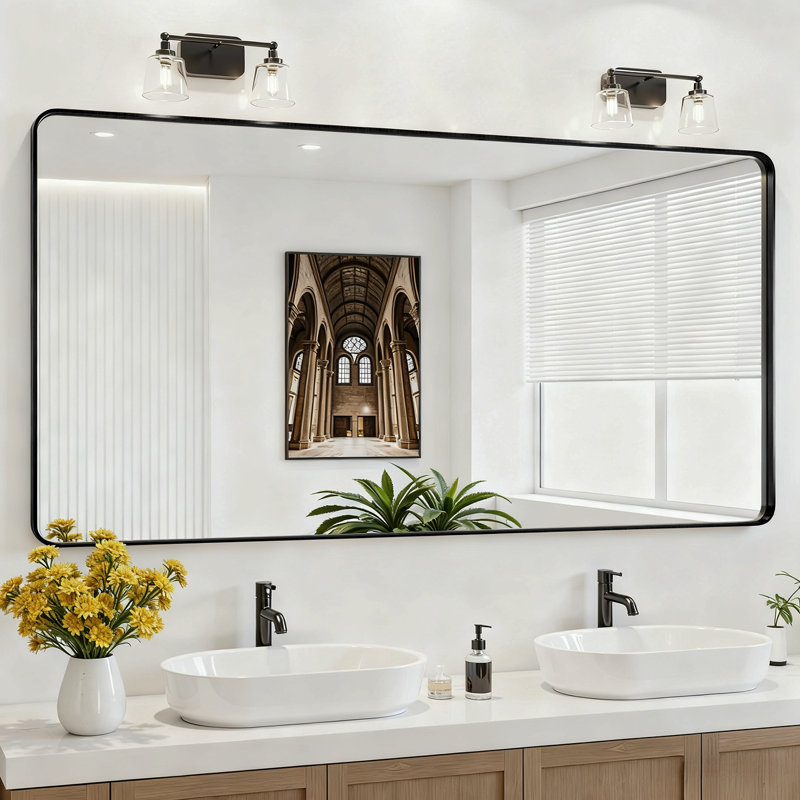 Miroir de salle de bain rectangulaire arrondi de 1,18 po avec cadre en alliage d'aluminium et verre trempé de qualité supérieure Lunara
