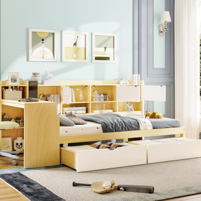 Lit de jour en L avec espace naturel Natural + White - Solutions de rangement pour lit simple