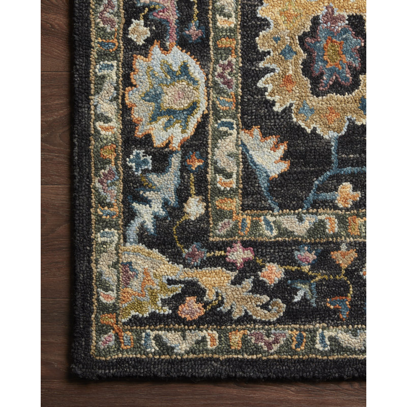 Tapis noir en laine bouclé / crocheté à la main Elmsford, Rectangle 2 pi 3 po x 3 pi 9 po
