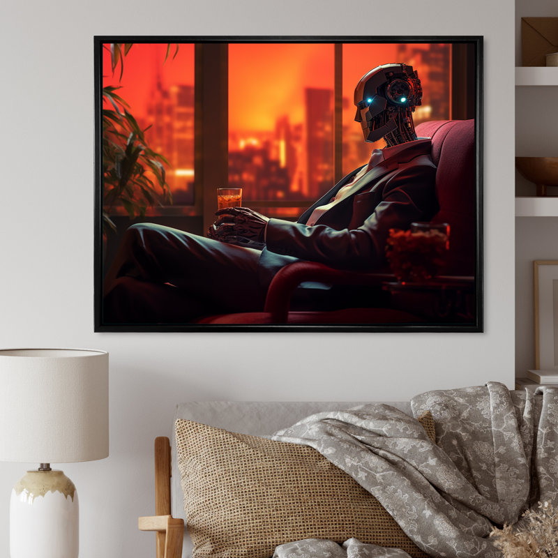 "Stylish Humanoid Android Sitting On Couch", reproduction sur toile, H 16 po x l 32 po x P 1 po, Cadre flottant noir