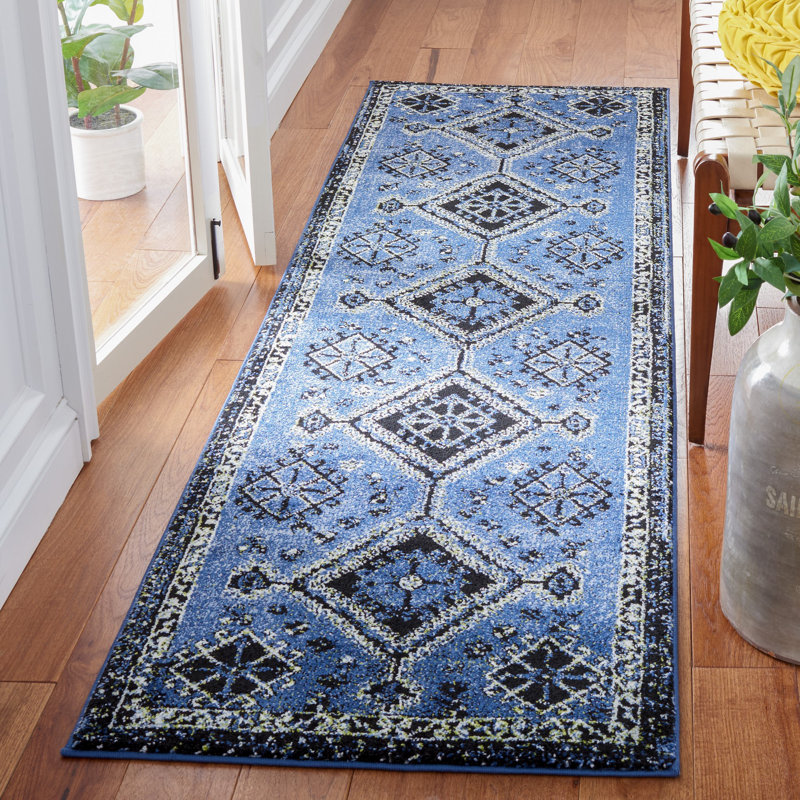 Tapis bleu / noir Southwestern, Tapis de couloir 2 pi 3 po x 8 pi