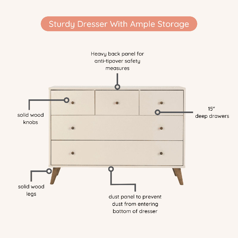 Austin 5-drawer Dresser, White/natural, Almond Milk/Walnut